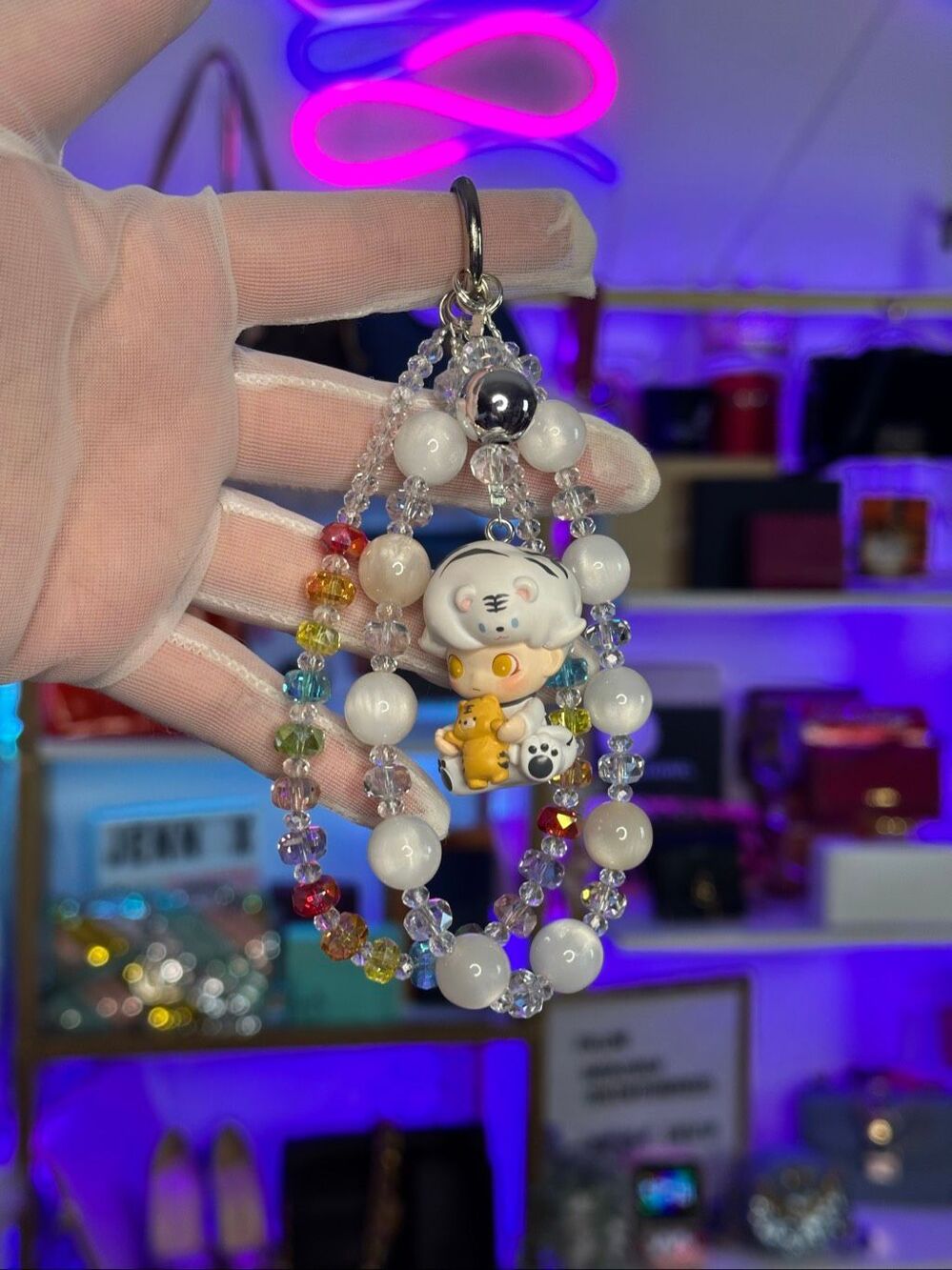 Custom Pop Mart Pop Bean Dimoo Tiger Hat Beaded Keychain Bag Charm Wrist Strap